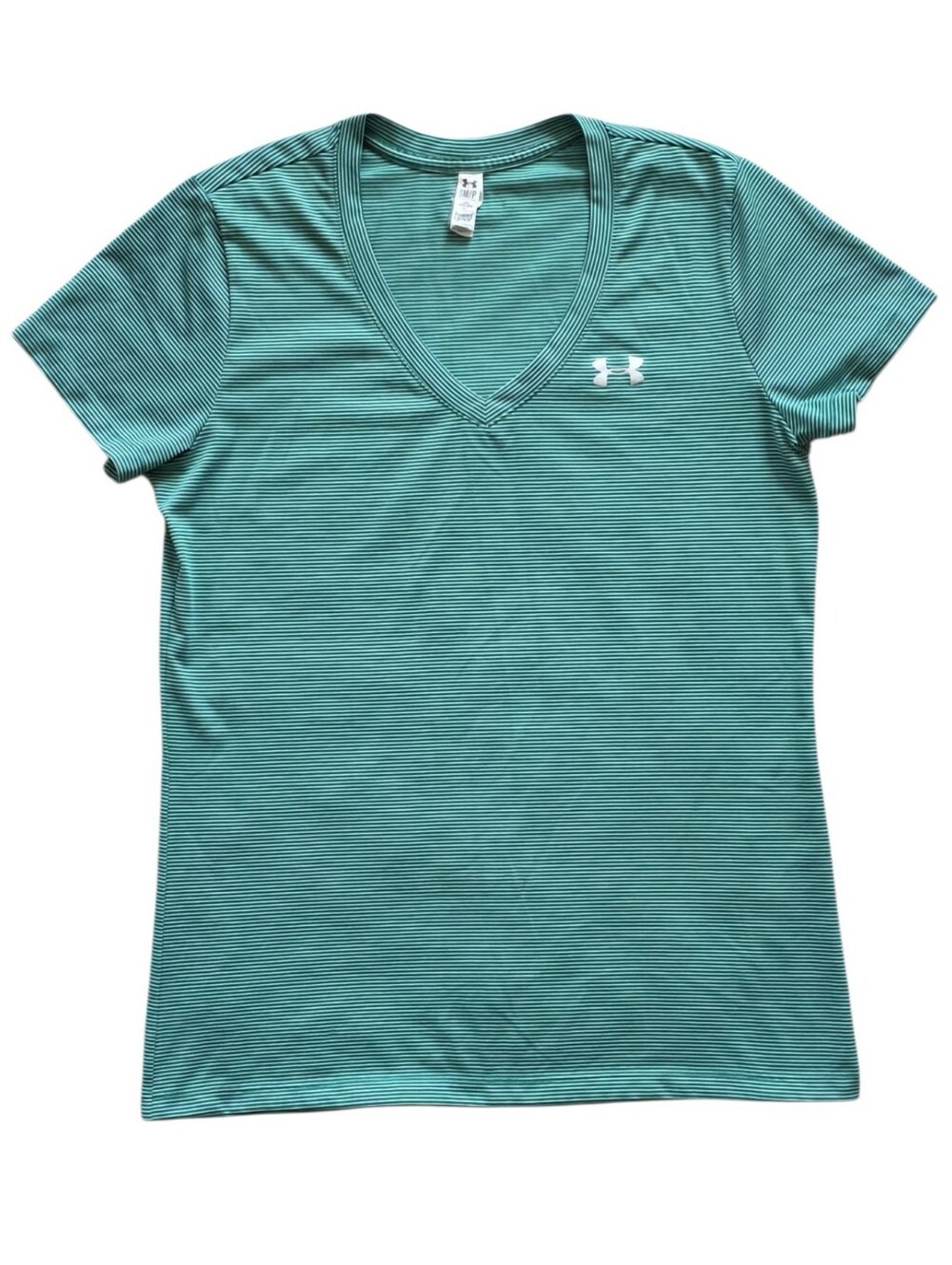 Under Armour Small Green and White Micro Stripe V Neck Athletic Running Tee